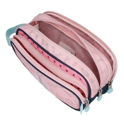 Estojo escolar rosa com três compartimentos e fechos de correr azuis