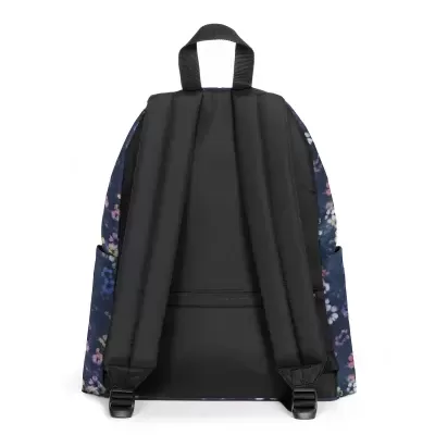 mochila preta com padrão floral colorido vista de trás