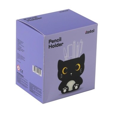 Caixa lilás com suporte para lápis em forma de gato preto com olhos amarelos
