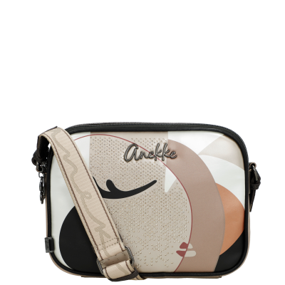 Mala de ombro com padrão abstrato em tons claros e correia bege ajustável