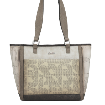 Mala de senhora em tons bege e castanho com padrões geométricos e nome Anekke