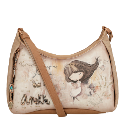 Bolsa de ombro bege e castanha com ilustração de menina e texto Anokke