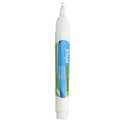 Caneta corretora branca com rótulo azul e verde