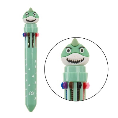 Caneta multi-cor verde com topo em forma de criatura e corpo decorado.