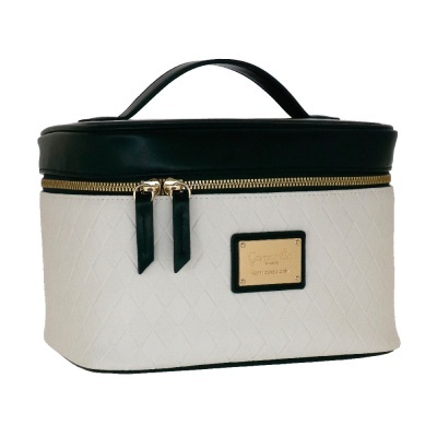 Estojo maquilhagem branco com topo preto e zíper dourado