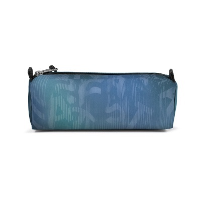 Estojo azul com padrão abstrato e fecho metálico