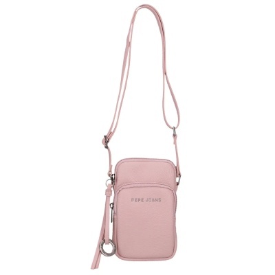 Mala pequena rosa clara com alça longa ajustável e pendente redondo prateado