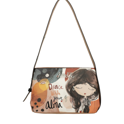Mala de ombro Anekke com design ilustrado e texto em tons castanhos e laranja