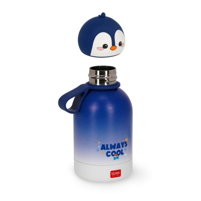 Garrafa térmica azul com tampa de pinguim e frase ALWAYS COOL