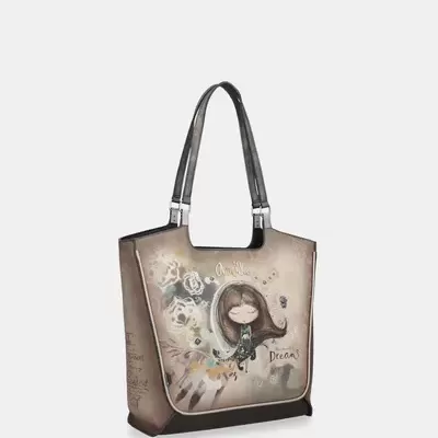 Mala de mão castanha e bege com ilustração de menina e texto 'Dream'