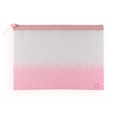 Estuche con cremallera rosa y diseño degradado de puntos y hexágonos blancos.