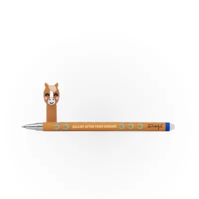 Caneta laranja com cabeça de cavalo sorridente e texto motivacional