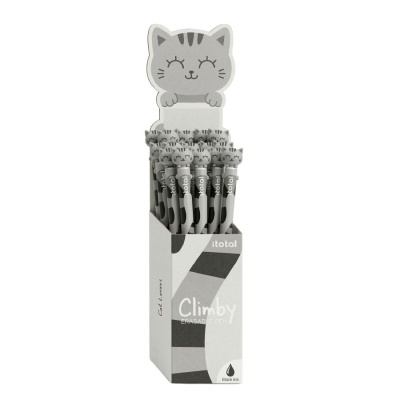 Canetas apagáveis com cabeça de gato cinzenta em mostruário branco com texto Climby e :total.