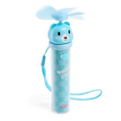 Ventoinha portátil azul com cabeça de urso e texto WILDLY COOL