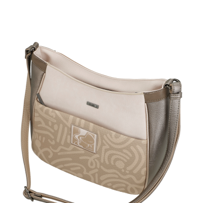 Mala de ombro bege, creme e castanha com padrão abstrato e correia ajustável.