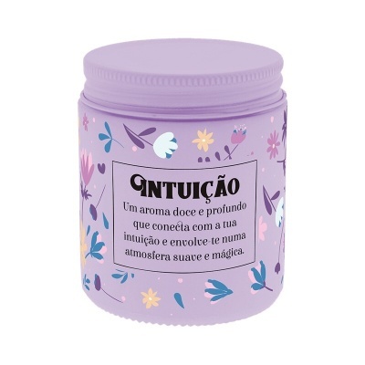 Frasco lilás decorado com flores e texto em português INTUIÇÃO