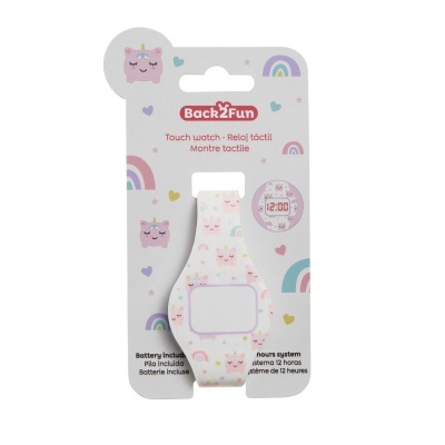 Relógio tátil infantil Back2Fun com padrão de unicórnios e arco-íris em fundo branco