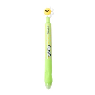 Caneta verde clara com topo de flor sorridente amarela e branca