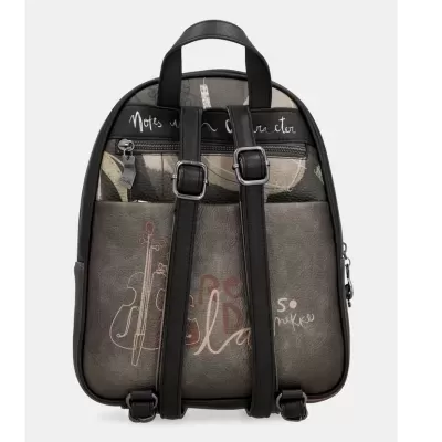 mochila de couro sintético preto e cinza com alças e desenho de violino