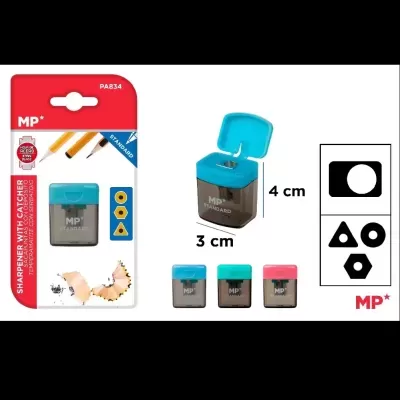 Afiador de lápis MP Standard com coletor em várias cores e embalagem