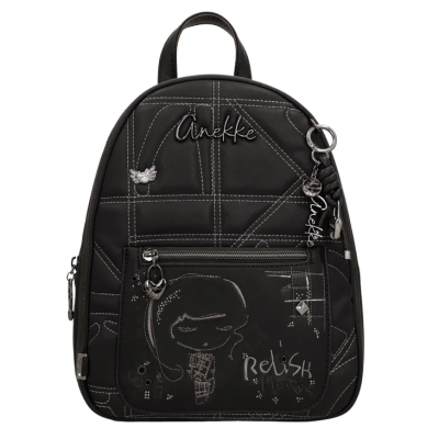 Mochila preta Anekke com ilustração e bolso frontal