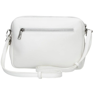 Mala de tiracolo branca com fechos de correr prateados e etiqueta de marca