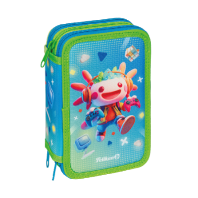 Estojo escolar azul e verde com personagem animada a jogar videojogos
