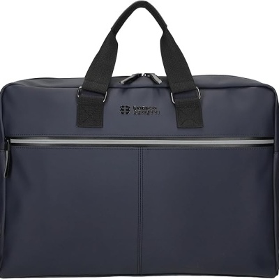 Mala de mão azul escura com pegas pretas e zipper prateado