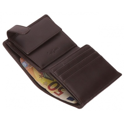 Carteira castanha aberta com notas e slots para cartões