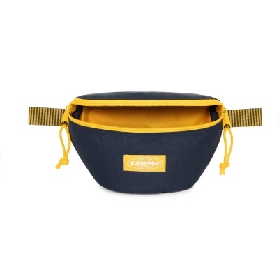 Bolsa tipo cinto EASTPAK azul e amarelo com fecho aberto