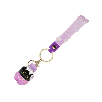 Chaveiro com pendente de garrafa de silicone e fita roxa com texto