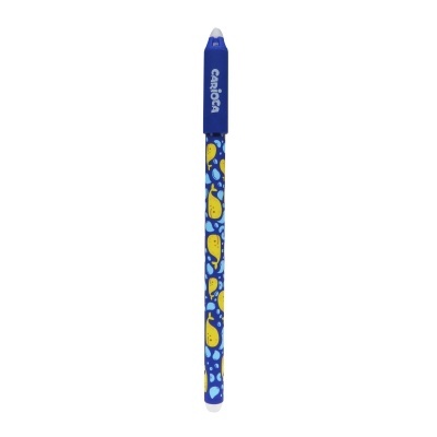 Caneta azul com tampa e estampado de baleias amarelas e gotas de água
