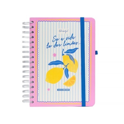 Agenda 2026-2027 rosa com ilustração de limões e texto em azul