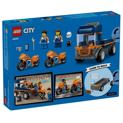 Conjunto LEGO City com duas motos laranja, figuras e camião de transporte azul escuro e laranja