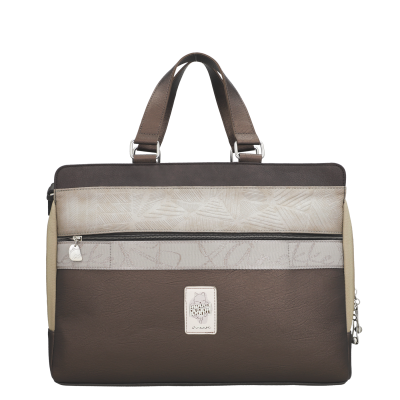 Mala de mão retangular castanha, bege e cinza claro com alças e fecho zip