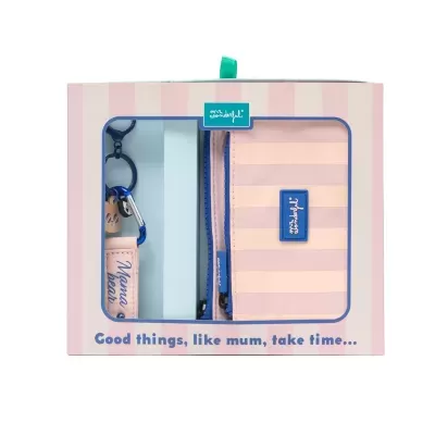 Conjunto de carteira e porta-chaves rosa e azul na embalagem