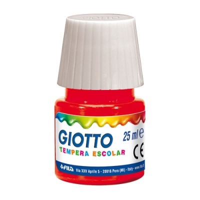 Frasco de tinta guache vermelha Giotto com tampa branca e rótulo colorido