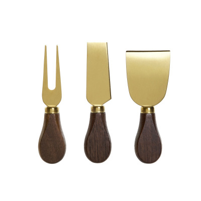Conjunto de três utensílios para queijo com lâminas douradas e cabos em madeira escura