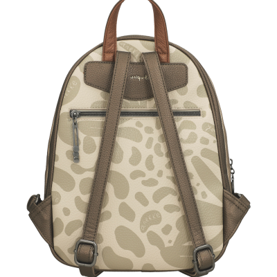 mochila pequena bege com padrão abstrato castanho claro e alças castanhas