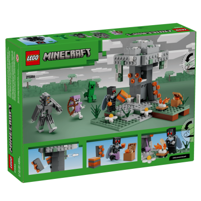 Conjunto LEGO Minecraft com personagens e estrutura cinza e laranja em caixa verde