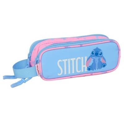Estojo escolar azul e rosa com personagem Stitch e texto STITCH