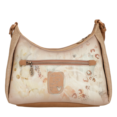 Mala de ombro bege com padrão floral suave e bolso frontal com fecho