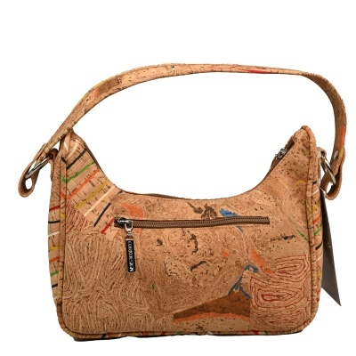 Bolsa de mão em cortiça com padrão colorido e fecho frontal