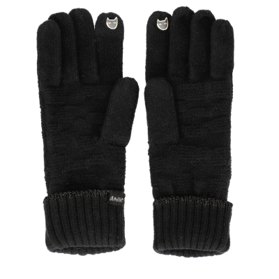 luvas pretas tricotadas com padrão de losangos e detalhes metálicos