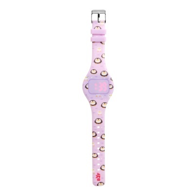 Relógio digital cor-de-rosa claro com padrão de pinguins e visor rosa