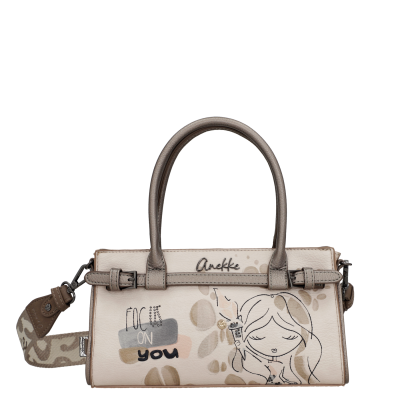 Mala de mão creme com ilustração e texto