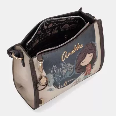 Mala de senhora Anekke bege e castanho com ilustração e fecho zip
