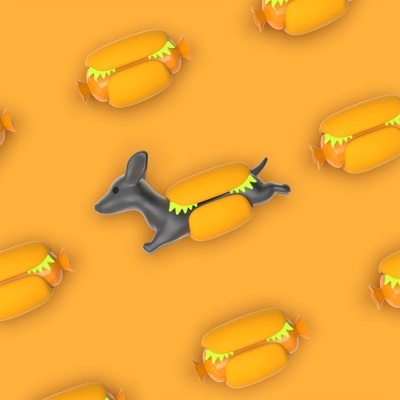 Desenho animado de cão cinzento coberto por pão de cachorro quente e alface com fundo laranja