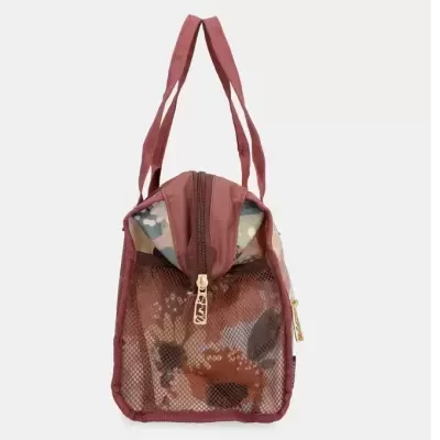 Mala de mão vermelha com malha frontal e padrão em tons castanho, creme e preto