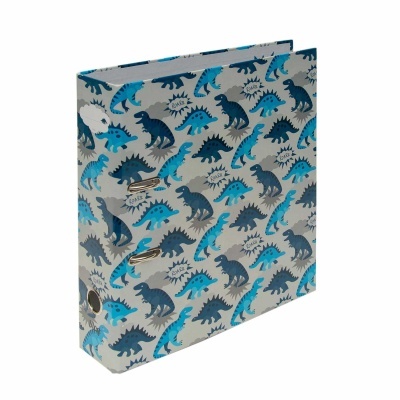 Pasta de arquivo com padrão de dinossauros azuis e cinzentos com texto ROARR.